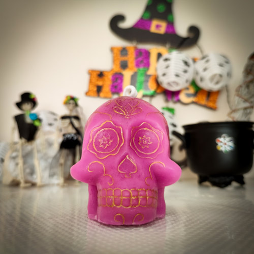 Vela ritual calavera mexicana morada