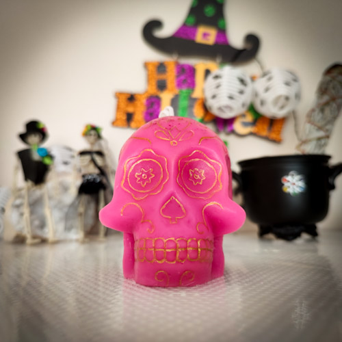 Vela ritual calavera mexicana rosa